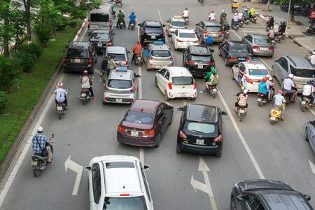 Hanoi, Vietnam - Aug 9, 2018: Aerial view of Hanoi traffic in Xa Dan streetのeditorial素材