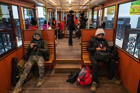 Lao Cai, Vietnam - Jan 3, 2019: Tourists in mountain train in SAPA, the transportation go to the station and peak of Fansipan mountainのeditorial素材