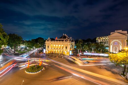 Hanoi, Vietnam - June 10, 2017: Aerial skyline view of Hanoi city, Vietnam. Hanoi cityscape by sunset period at August Revolution Square, with Hanoi Opera Houseのeditorial素材