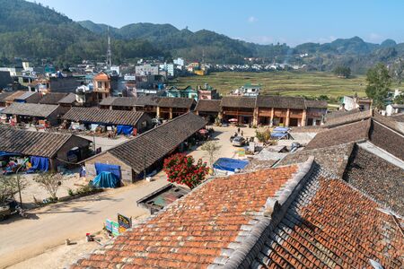 Ha Giang, Vietnam - Nov 26, 2018: Dong Van old flea market with old aged tiled roof housesのeditorial素材