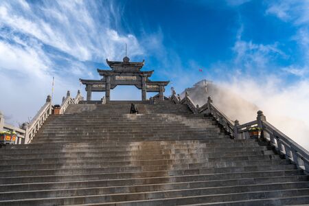 Lao Cai, Vietnam - Jan 3, 2019: The gate with stairs to top of Fansipan, the Roof of Indochina, in Sapa town, northen Vietnamのeditorial素材