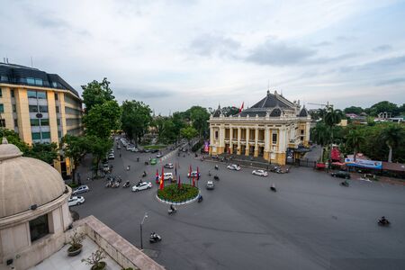 Hanoi, Vietnam - June 10, 2017: Aerial skyline view of Hanoi city, Vietnam. Hanoi cityscape by sunset period at August Revolution Square, with Hanoi Opera Houseのeditorial素材