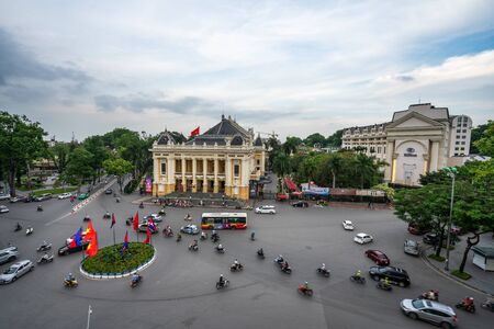 Hanoi, Vietnam - June 10, 2017: Aerial skyline view of Hanoi city, Vietnam. Hanoi cityscape by sunset period at August Revolution Square, with Hanoi Opera Houseのeditorial素材