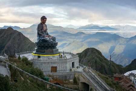 Lao Cai, Vietnam - Jan 3, 2019: Amitabha Buddha statue on top of Fansipan, the Roof of Indochina, in Sapa town, northen Vietnam. The highest bronze statue in Vietnam with 21.5m heightのeditorial素材