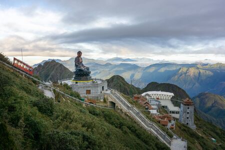 Lao Cai, Vietnam - Jan 3, 2019: Amitabha Buddha statue on top of Fansipan, the Roof of Indochina, in Sapa town, northen Vietnam. The highest bronze statue in Vietnam with 21.5m heightのeditorial素材