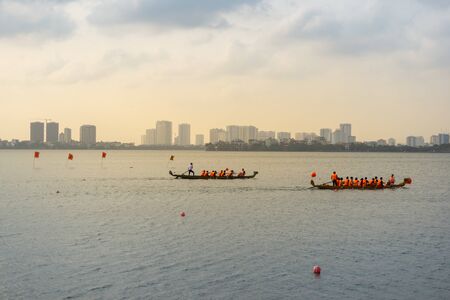 Hanoi, Vietnam - Feb 15, 2019: Boat racing on West Lake (Ho Tay), annual festival in spring.のeditorial素材