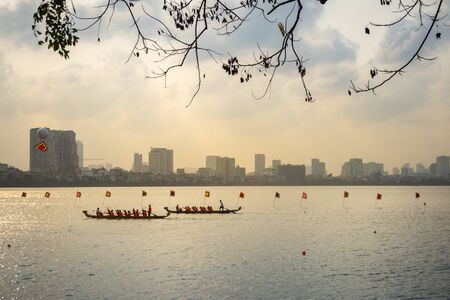 Hanoi, Vietnam - Feb 15, 2019: Boat racing on West Lake (Ho Tay), annual festival in spring.のeditorial素材