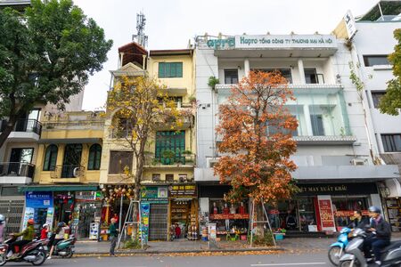 Hanoi, Vietnam - Feb 13, 2019: Hanoi street in fall season with yellow red leaves on branches. The "leaf change" seasonのeditorial素材