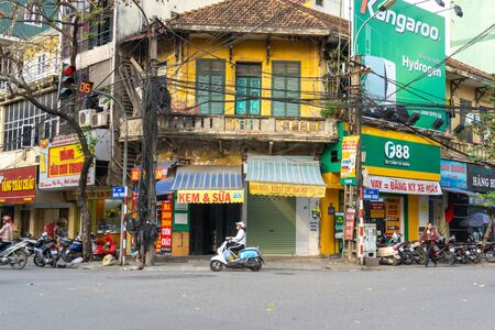 Hanoi, Vietnam - Feb 15, 2019: Old house on street in old town in Hanoi