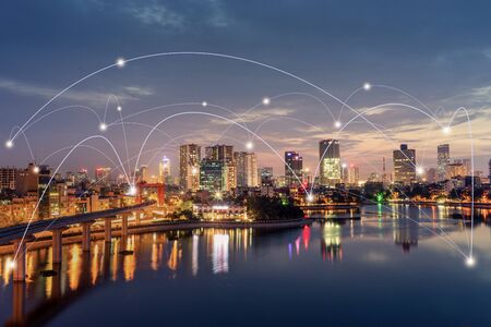 Smart city and wireless communication network concept. Digital network connection lines of Hanoi at Hoang Cau lakeの写真素材