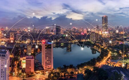 Smart city and wireless communication network concept. Digital network connection lines of Hanoi cityの写真素材