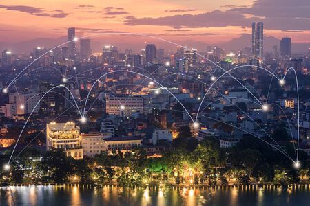 Smart city and wireless communication network concept. Digital network connection lines of Hanoi city at Hoan Kiem lake or Ho Guomの写真素材