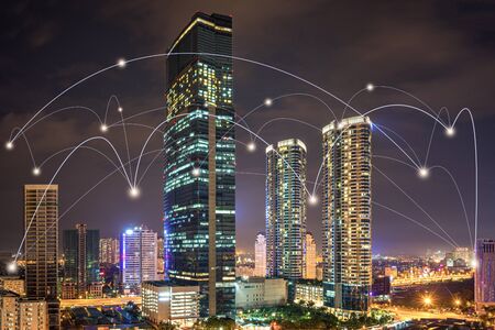 Smart city and wireless communication network concept. Digital network connection lines of Hanoi cityの写真素材
