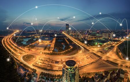 Smart city and wireless communication network concept. Digital network connection lines of Hanoi cityの写真素材