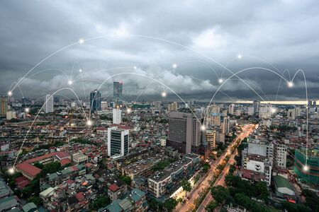 Smart city and wireless communication network concept. Digital network connection lines of Hanoi cityの写真素材