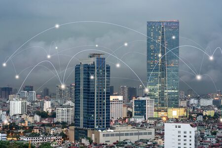 Smart city and wireless communication network concept. Digital network connection lines of Hanoi cityの写真素材