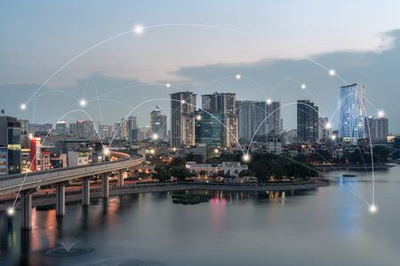 Smart city and wireless communication network concept. Digital network connection lines of Hanoi at...