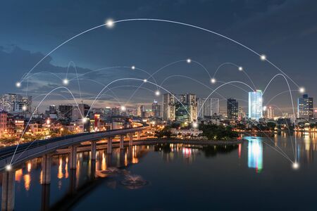 Smart city and wireless communication network concept. Digital network connection lines of Hanoi at Hoang Cau lakeの写真素材