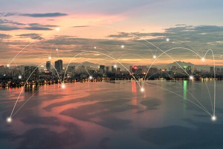Smart city and wireless communication network concept. Digital network connection lines of Hanoi city at West Lake or Ho Tayの写真素材