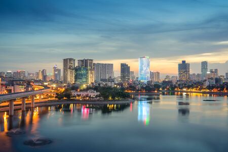 Aerial skyline view of Hanoi at Hoang Cau lake. Hanoi cityscape by sunset periodの写真素材