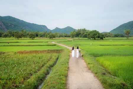 Rural landscape in Vietnam countryside with Vietnamese women wearing traditional dress Ao Dai walking on rural roadの写真素材
