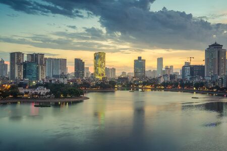 Aerial skyline view of Hanoi at Hoang Cau lake. Hanoi cityscape by sunset periodの写真素材