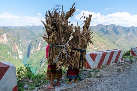 Ha Giang mountain view at Ma Pi Leng pass with children carry wood on back heading home on roadの写真素材