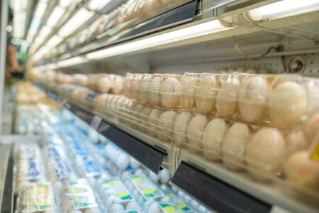 Packaging of chicken eggs on supermarket shelves. Asian foodの写真素材