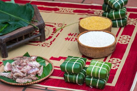 Ingradients to make Chung cake, the most important food of Vietnamese lunar new year Tetの写真素材