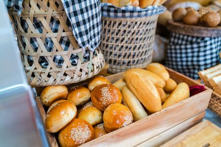 Assortment of fresh bread on table in buffet
