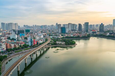 Hanoi cityscape during sunset period. Skyline view of Hanoi at Hoang Cau lakeの写真素材