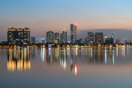Hanoi cityscape at twilight at West Lake (Ho Tay)の写真素材