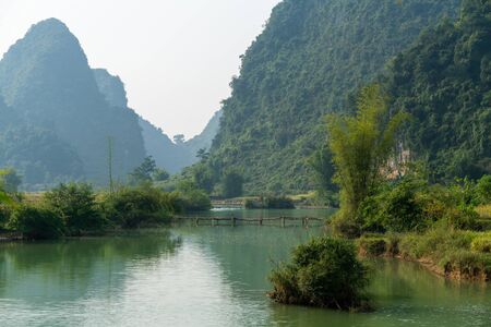 River and mountain scene in Trung Khanh, Cao Bang, Vietnamの写真素材
