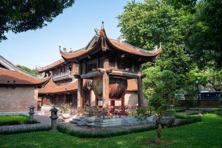 Square building hold a big sacred drum at The Temple of Literature (Van Mieu), the first national university in Hanoiの写真素材