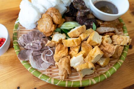Vietnamese traditional plate pork vermicelli tofu (Bun Dau Mam Tom), the popular lunch set in Hanoi, Vietnamの写真素材