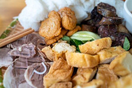 Vietnamese traditional plate pork vermicelli tofu (Bun Dau Mam Tom), the popular lunch set in Hanoi, Vietnamの写真素材