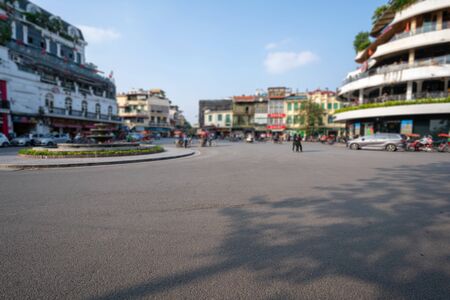 Panorama Dong Kinh Nghia Thuc Square in the Old Quarter of Hanoi, Vietnam. Street with copyspace and blurred buildings on backgroundの写真素材