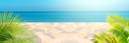 Tropical sea beach with sand, ocean, palm leaves and blue skyの写真素材