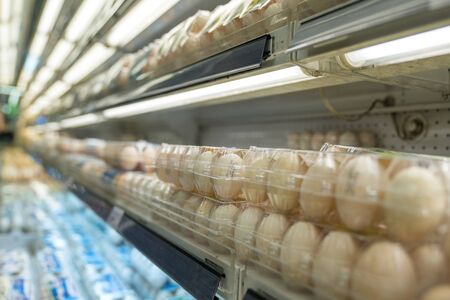 Packaging of chicken eggs on supermarket shelves. Asian foodの写真素材