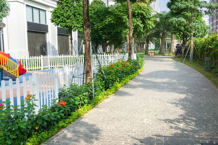 Urban walking road among green trees inside modern apartment building area in big cityの写真素材