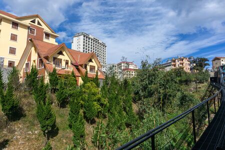 Sapa town viewing from tourist mountain tram, the transporation to Fansipan cable car station in Sapa town, Vietnamの写真素材