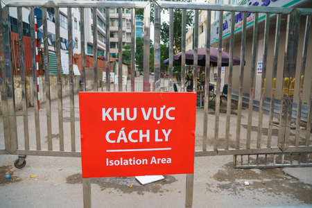 Hanoi, Vietnam - Mar 31, 2020: Isolation or Quarantine sign outside of side entrance of Bach Mai hospital during covid-19 coronavirus pandemicのeditorial素材