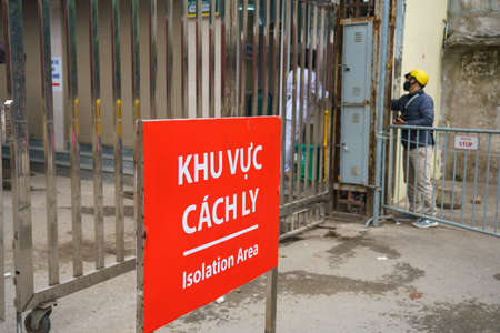 Hanoi, Vietnam - Mar 31, 2020: Isolation or Quarantine sign outside of side entrance of Bach Mai hospital during covid-19 coronavirus pandemicのeditorial素材