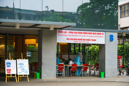 Hanoi, Vietnam - Apr 1, 2020: Screen and classification of covid-19 suspected patients center at Viet Phap hospital during coronavirus outbreakのeditorial素材