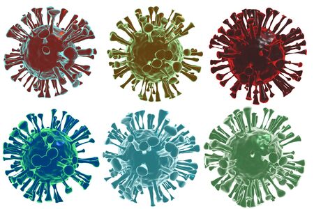 Coronavirus covid-19 under microscope rendering with various colors, isolated on whiteの写真素材