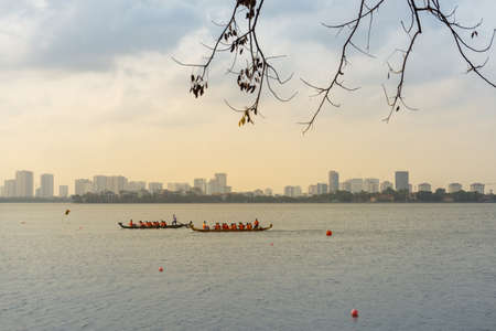 Hanoi, Vietnam - Feb 15, 2019: Boat racing on West Lake (Ho Tay), annual festival in spring.のeditorial素材