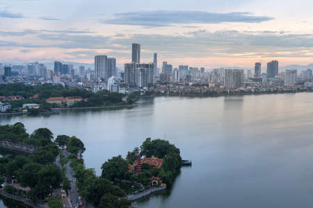 Aerial view of Hanoi skyline at West Lake or Ho Tay. Hanoi cityscape at twilightの写真素材
