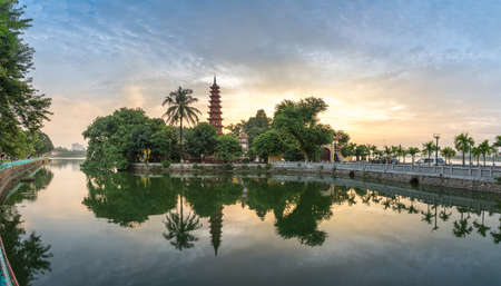 Tran Quoc pagoda during sunset time, the oldest temple in Hanoi, Vietnam. Hanoi cityscape.の写真素材