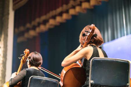 Musician play violin. Female violinist playing the violin stringst on the concert stage. Closeup.の写真素材
