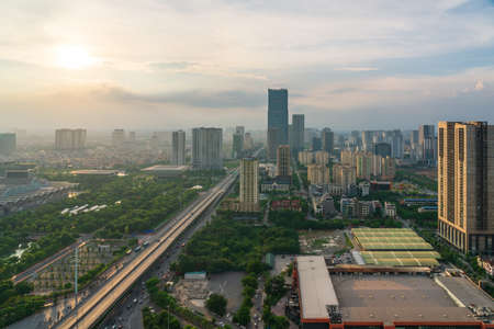 Hanoi skyline cityscape during sunset period at Pham Hung street in Cau Giay district in 2020.の写真素材